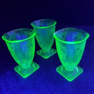 Indiana Glass Lorain Basket Pattern Uranium Tumblers (3)